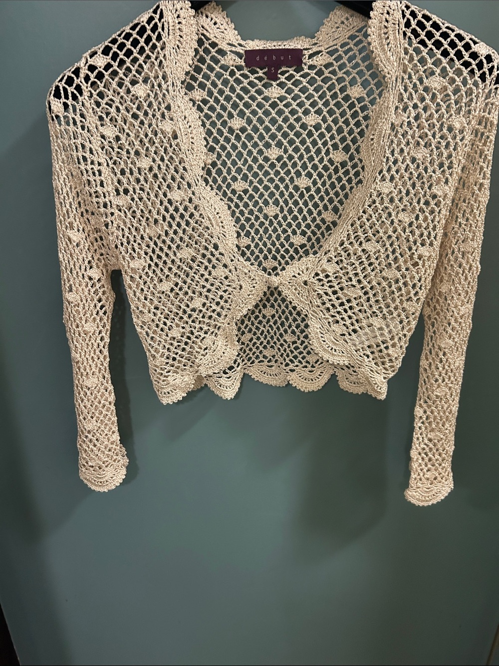 DEBUT gold crochet openwork shrug cardigan Size Small NEW NO TAG - Picture 15 of 16